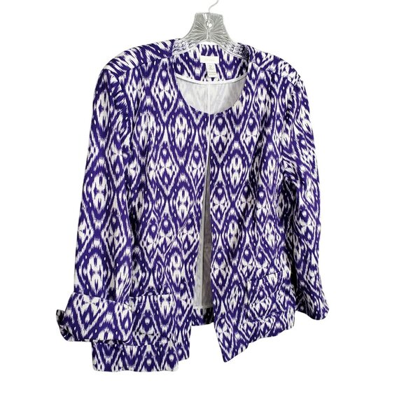 Chico's Jackets & Blazers - Chico's 2 Size L Jacket Open Collarless Blazer Pockets Cuff Sleeves Ikat Purple